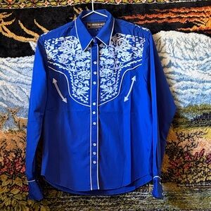 American West Royal Blue Western Snap Shirt with White Embroidery